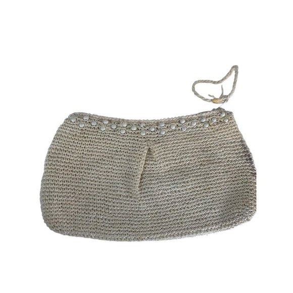 Vintage Crochet Straw and Beaded Off White Zip Top Clutch Bag Made in Japan - Picture 6 of 10